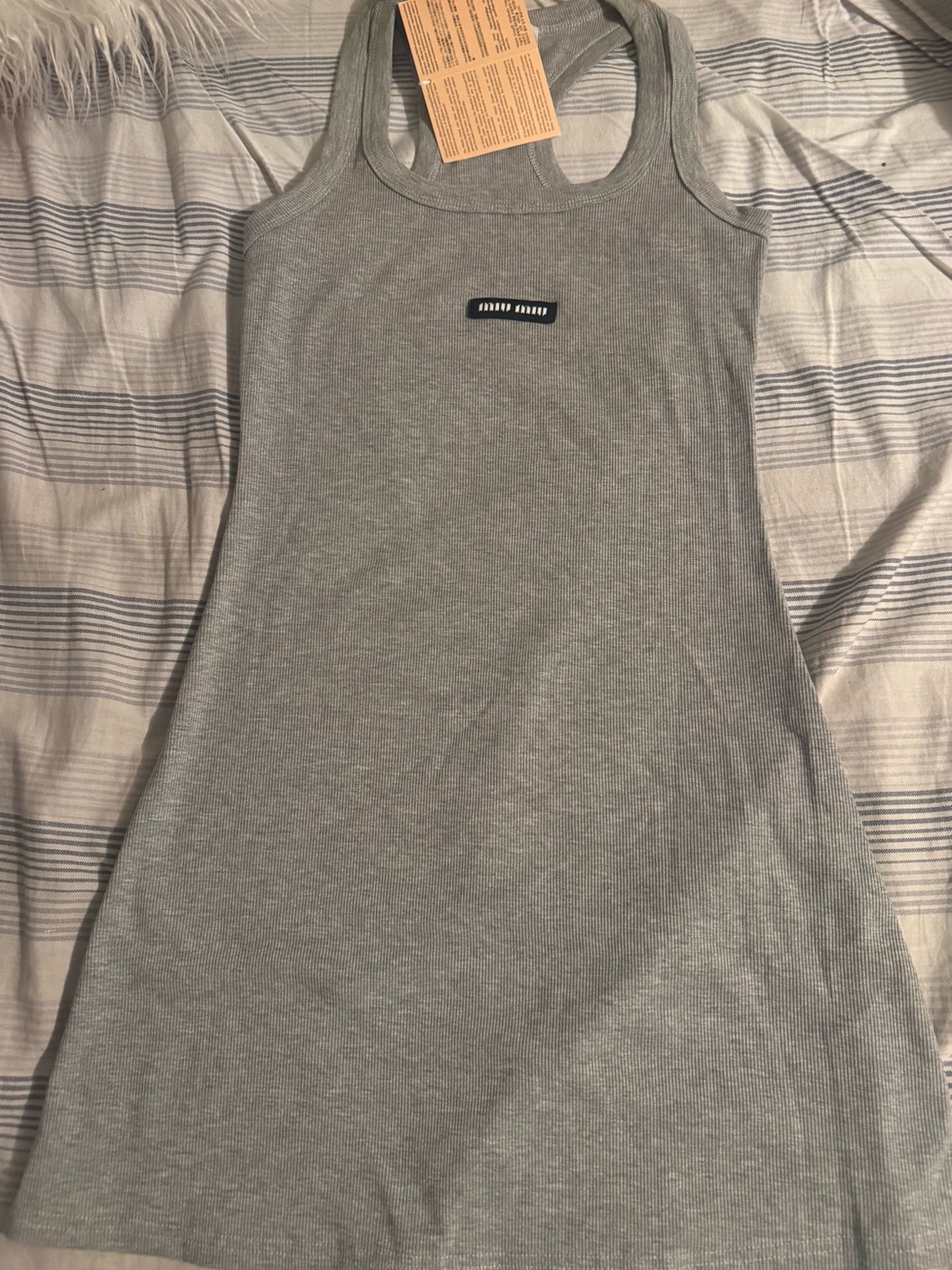 Ribbed Tank Dress with Logo Patch - Light Gray
